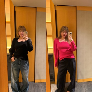 特价 wann玫红色黑色爱心领全棉泡泡袖针织衫毛衣