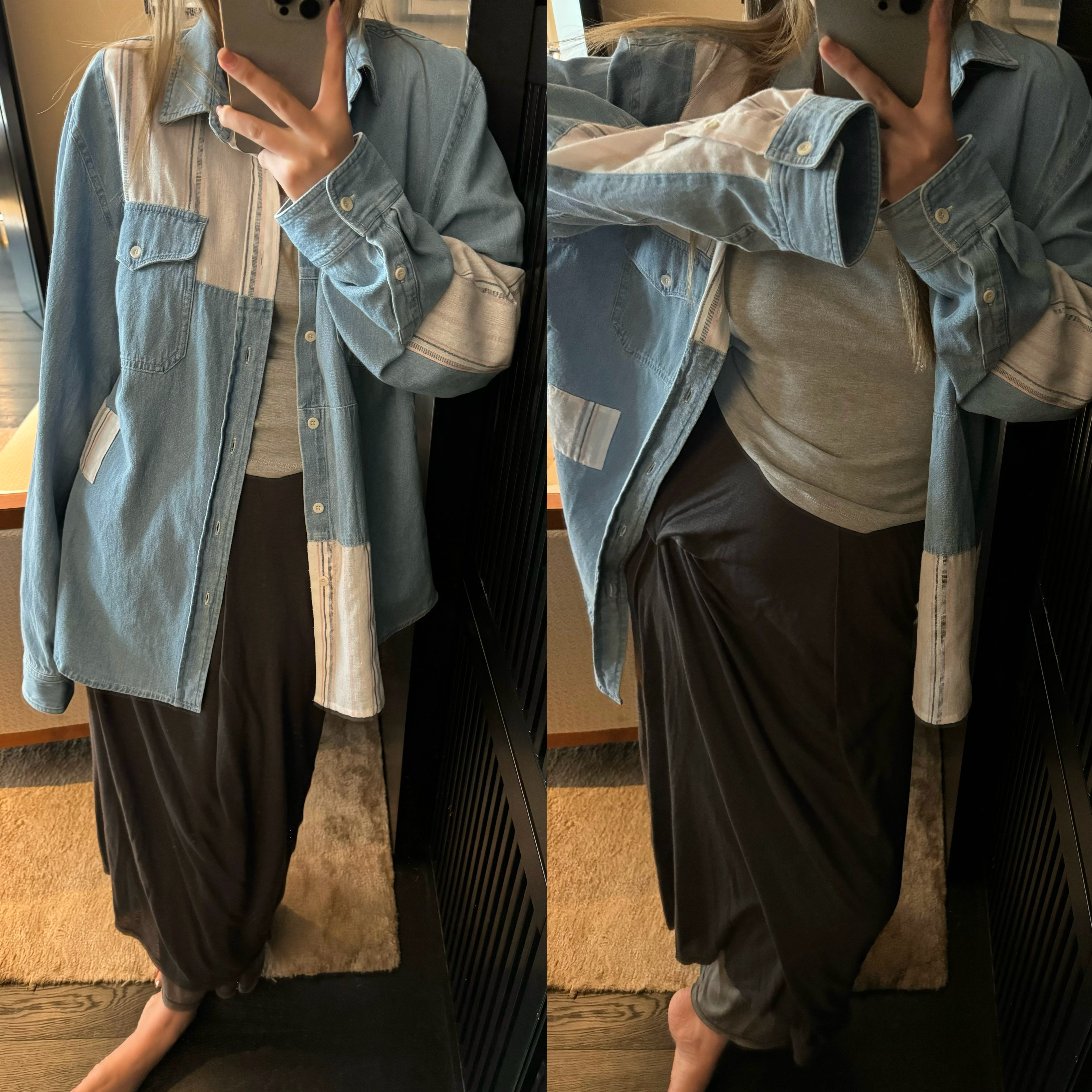 【特价4折】wann牛仔条纹亚麻拼接 薄款水洗宽松防晒衬衫图片