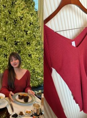 11/28 wann 朱砂红v领亚麻开衩针织衫