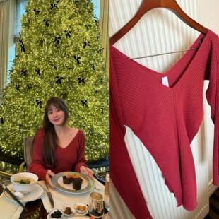 11/28 wann 朱砂红v领亚麻开衩针织衫