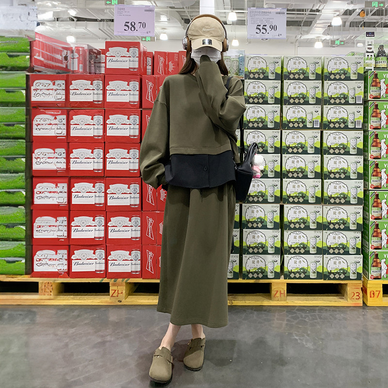 韩系休闲松弛感军绿色卫衣套装女2025春秋独特漂亮半身裙两件套,女装运动套装,浙宝168