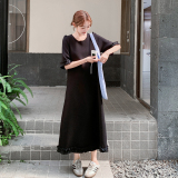 2025新款夏季松弛气质通勤风复古淡人穿搭木耳边装饰拼接连衣裙女，商品下架区，浙宝168