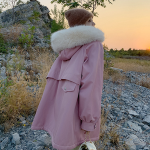 粉色大毛领派克服女2024冬季新款韩系爆款减龄加绒加厚棉服外套潮图片