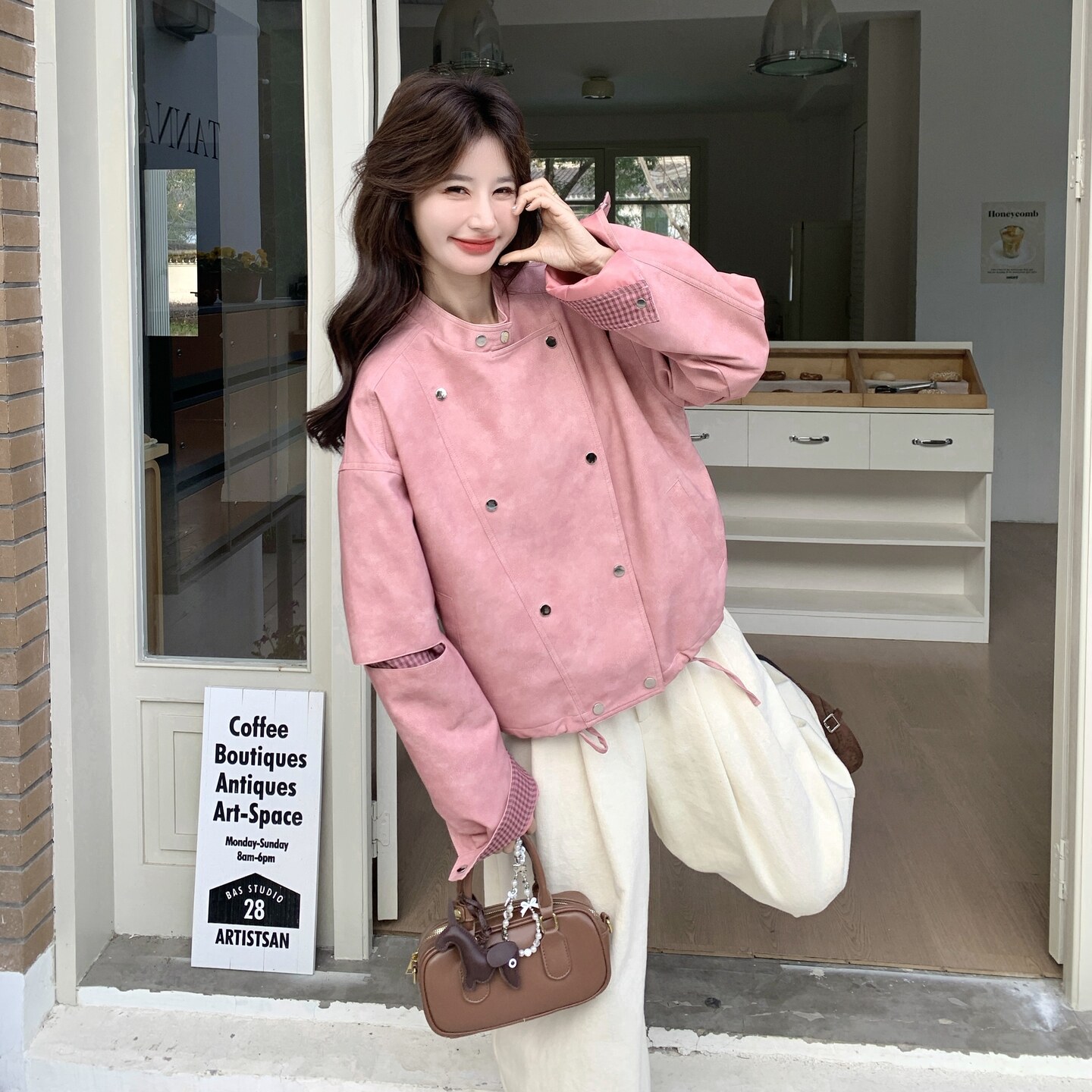 新款现货！ZB168-H605粉色格子拼接韩版皮衣P160控258,女装皮衣,浙宝168