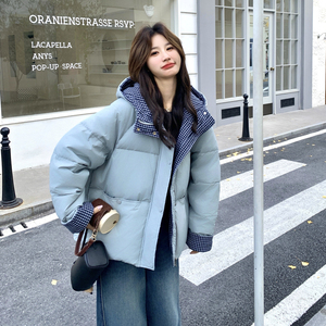 【现货】Z168-H358款格子拼接连帽90新标羽绒服P315控488，女装羽绒服，浙宝168