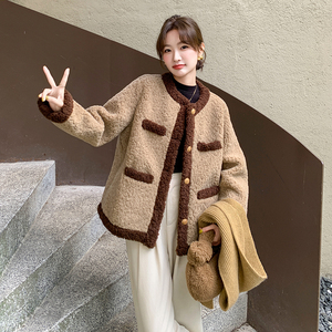 撞色羊羔毛外套女小个子秋冬2025新款高级感保暖韩版宽松加厚上衣图片