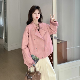 H605粉色格子拼接韩版 ZB168 皮衣P160控258 现货 新款