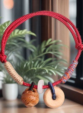 保真老桃木桃篮平安扣手串本命年红绳成人孩子情侣平安手工礼物