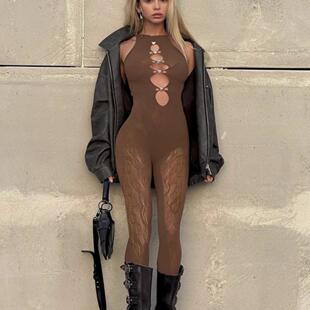 香港欧美街头镂空爱心水钻无袖 连体衣性感时髦紧身提花透视连体裤