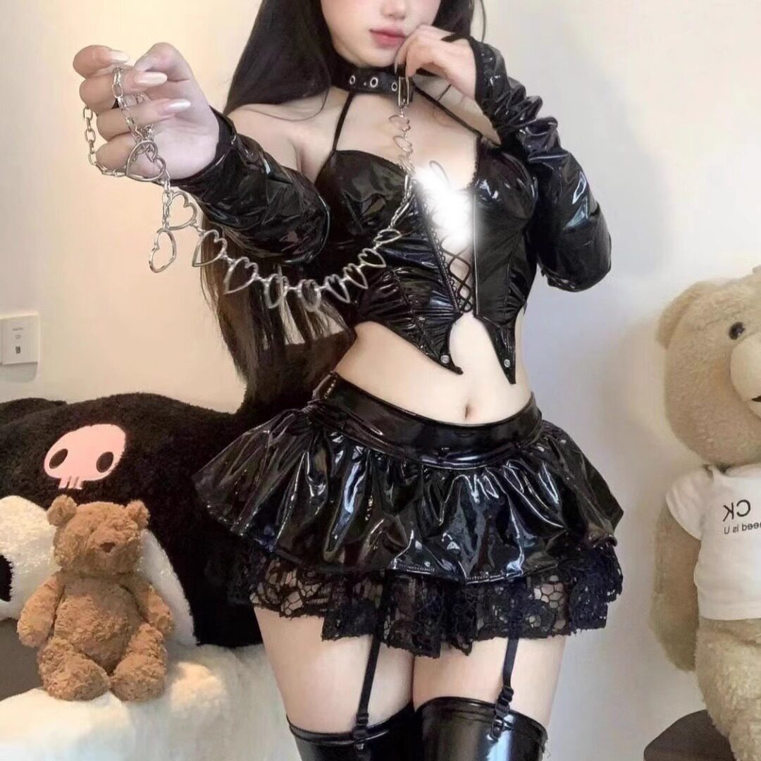 黑翼天使漆皮挂脖绑带性感短裙套装魅魔cos制服女装游戏二次元裙
