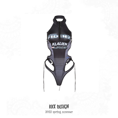 欧美机车辣妹风赛博朋克字母热辣ins镂空橙灰解构连体衣上衣cos服