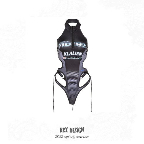 欧美机车辣妹风赛博朋克字母热辣ins镂空橙灰解构连体衣上衣cos服