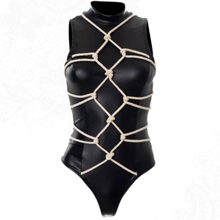 欧美性感PU皮绑带无袖上衣街头辣妹风高领修身紧身连体衣黑色皮衣