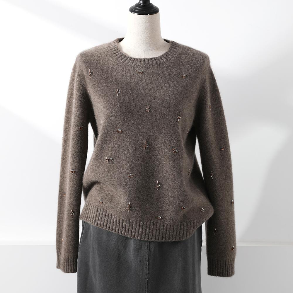 重磅手工钉珠100%牦牛绒圆领毛衣