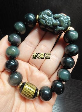 天然彩曜石貔貅心经手链油青圆珠貔貅手链男女情侣款手串手镯
