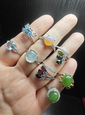 孤品出清 纯天然和田玉托帕石石榴石橄榄石纯银可调戒托蛋面戒指