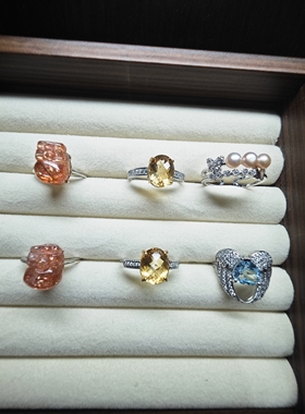 天然金太阳黄水晶托帕石天空蓝高级珠宝S925银镀开口戒指