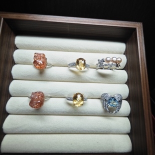 天然金太阳黄水晶托帕石天空蓝高级珠宝S925银镀开口戒指