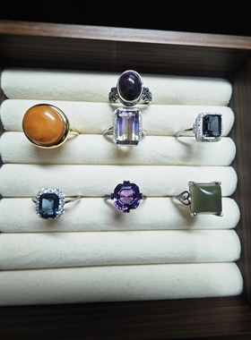 纯天然和田玉紫水晶欧泊蜜蜡925银戒指女小众设计轻奢高级感指环