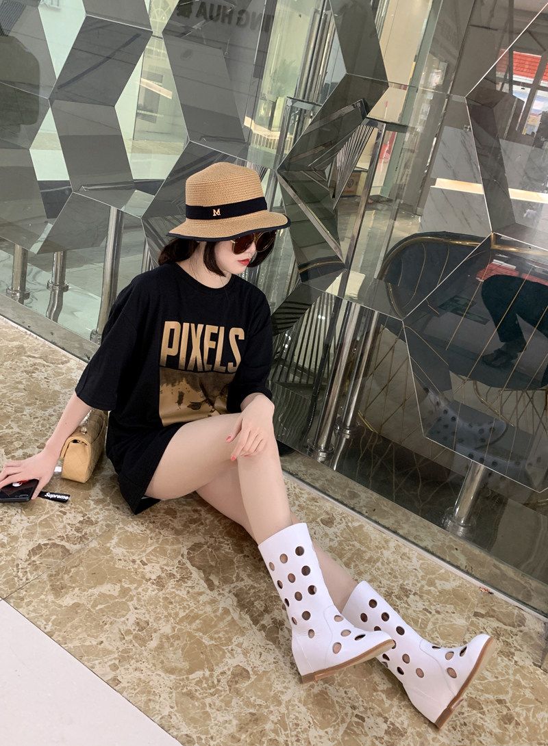 新款真皮女靴镂空内增高平底洞洞鞋子夏季中筒白色