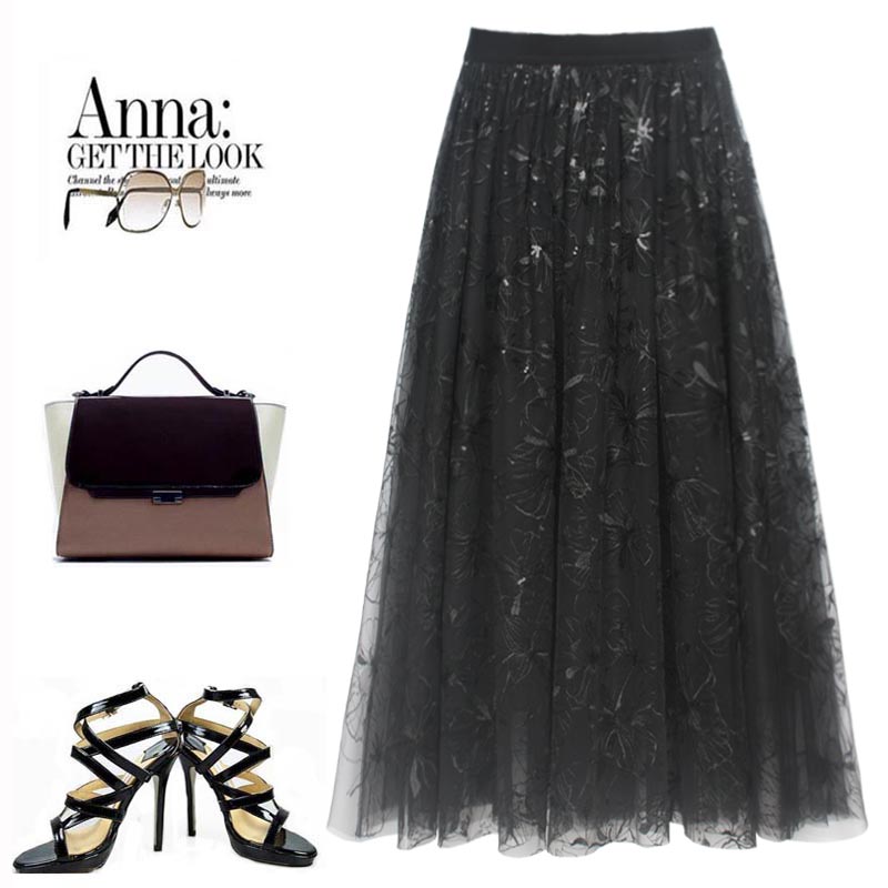 中长裙a字型百搭亮丝花朵绣半裙