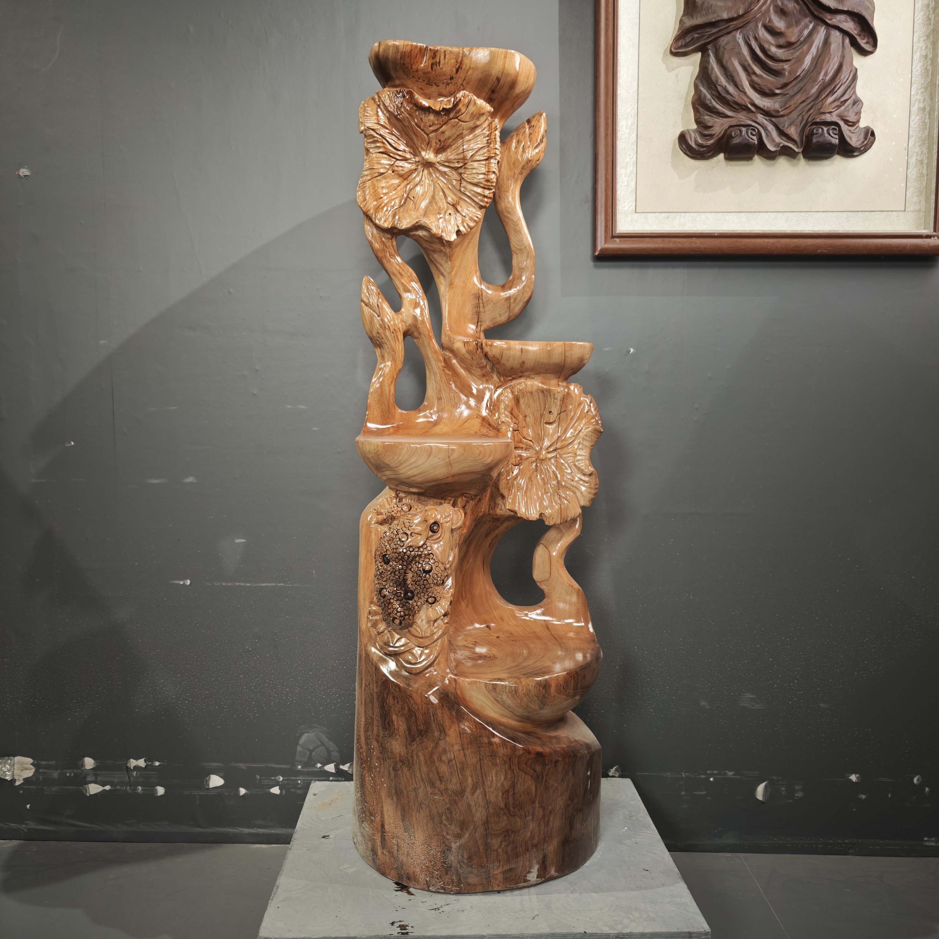 实木根雕花架落地式多层置物架中式古典雕刻金蟾招财摆件重工艺