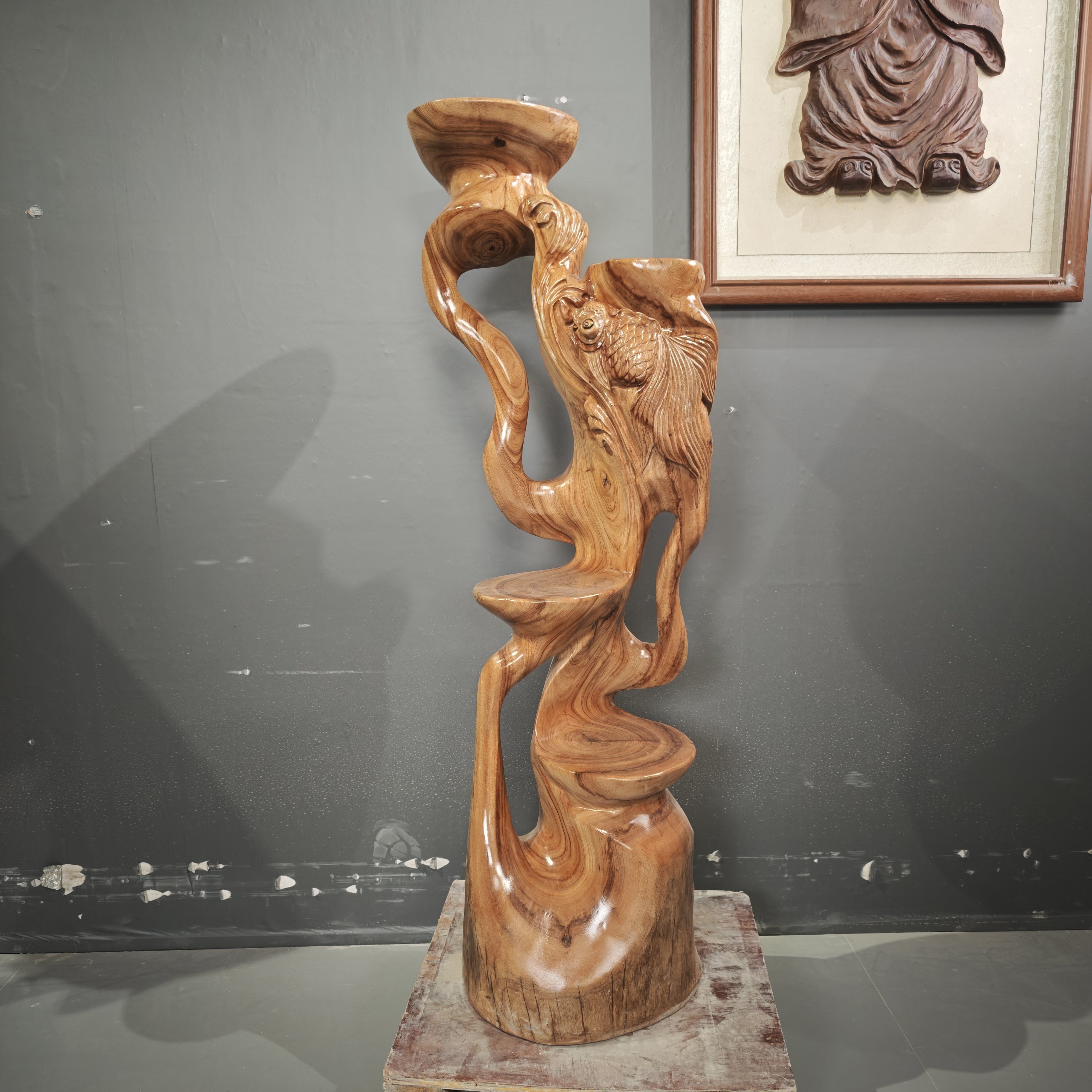 实木根雕花架落地式多层置物架中式古典雕刻锦鲤工艺品摆件底座