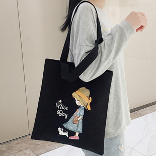 帆布包女2025新款 大容量单肩包学生上课黑色通勤手提布袋拉链慵懒