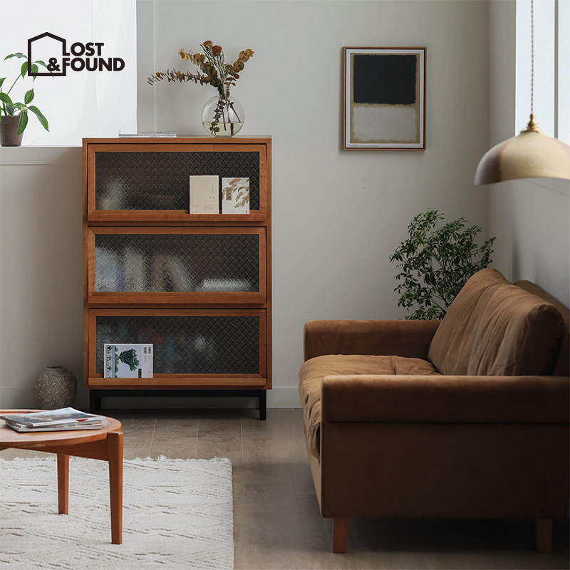 失物招领 三层玻璃柜 现代简约实木收纳柜北欧日式储物柜复古斗柜