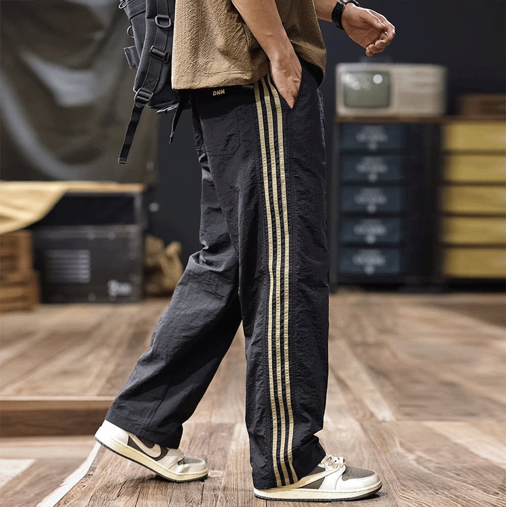 裤子男宽松条纹夏季薄款冰丝速干美式工装裤直筒学生运动休闲长裤
