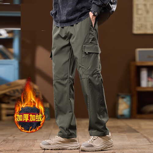 冬季加绒加厚工装裤男士潮牌多口袋户外运动冲锋裤宽松直筒休闲裤