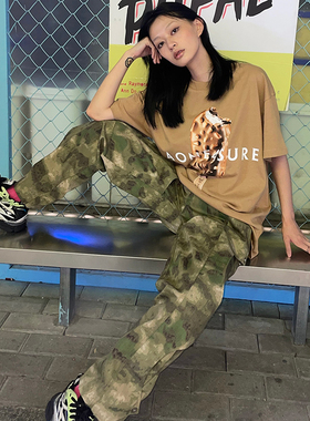 AONE4SURE巧克力雪糕街头原创300g纯棉印花驼色短袖宽松圆领T恤夏