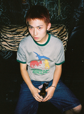 RAGAZZO DINOSAURS 恐龙恶搞图案印花撞色圆领口灰色纯棉短袖T恤