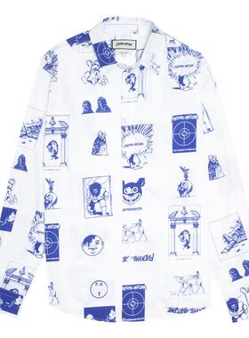 现货正品Fucking Awesome涂鸦满印宽松休闲纽扣长袖翻领白色衬衫