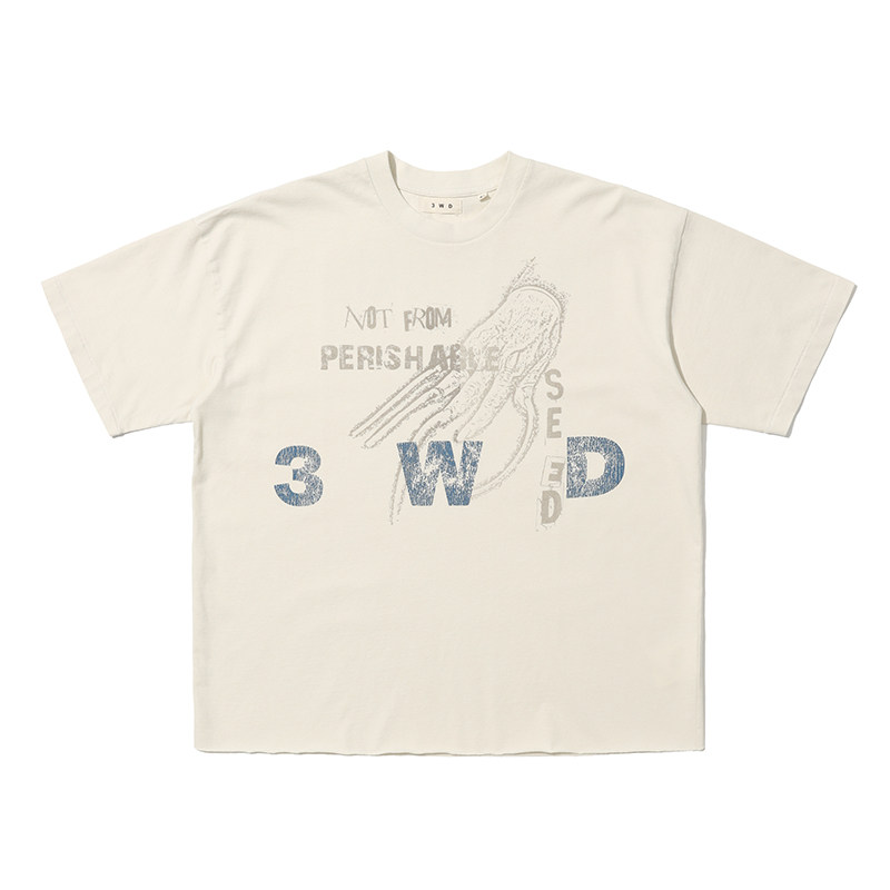 3WD new vintage标语爪子印花做旧水洗boxy宽松剪裁圆领短袖T恤男