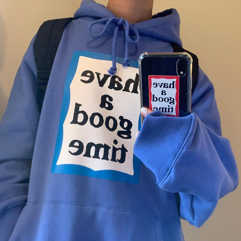 现货 have a good time 基础款帽衫加绒卫衣 蓝LOGO FRAME HOODIE