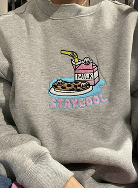 现货 STAYCOOLNYC COOKIES 灰色套头卫衣曲奇饼干牛奶刺绣加绒