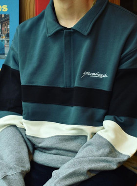 现货 YARDSALE DUB 英国滑板翻领套头卫衣拼色刺绣LOGO 拉链情侣