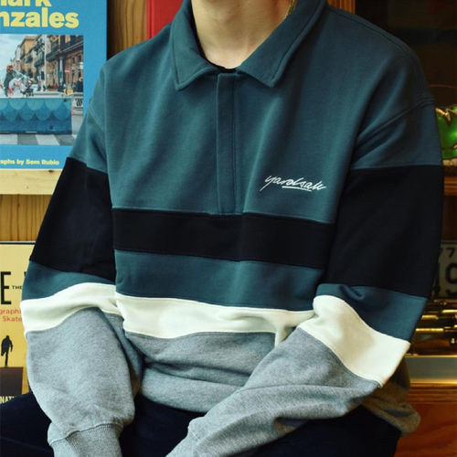 英国翻领拼色拉链现货套头卫衣