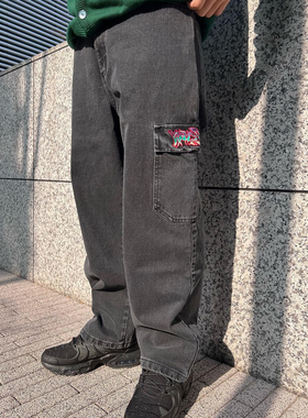 YARDSALE 彩色涂鸦刺绣Dreamscape多口袋滑板宽松水洗牛仔长裤男