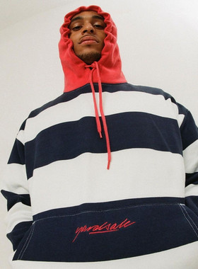 现货 YARDSALE AIRWAY英国滑板刺绣logo条纹拼接撞色套头帽衫情侣