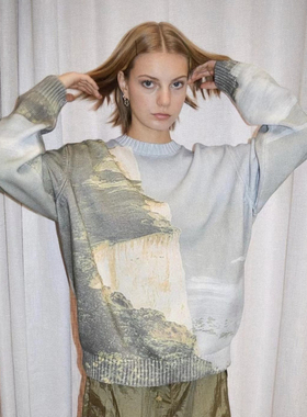 正品 PLEASURES 美潮Moon海景照片满印针织毛衣圆领宽松套头卫衣