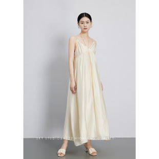 SKY张慧慧2025年夏装新款无袖长裙纯色吊带裙天丝麻系绳连衣裙