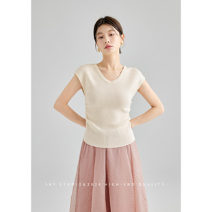 SKY张慧慧自制夏装新款修身白色纯色简约v领短袖T恤女上衣