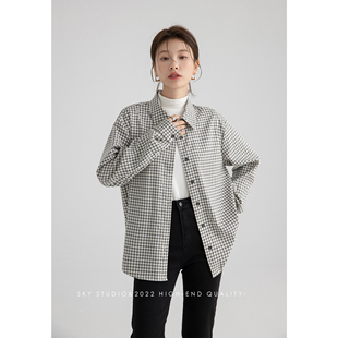 SKY张慧慧自制复古港风格子衬衫女设计感小众长袖宽松上衣女春秋
