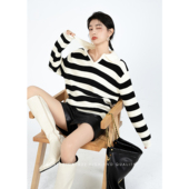 SKY张慧慧粗条纹套头衫 2025春秋新款 高级感加厚毛衣女外穿上衣