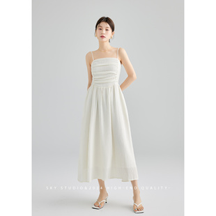 SKY张慧慧自制夏装新款收腰A字大摆法式简约白色吊带连衣裙女
