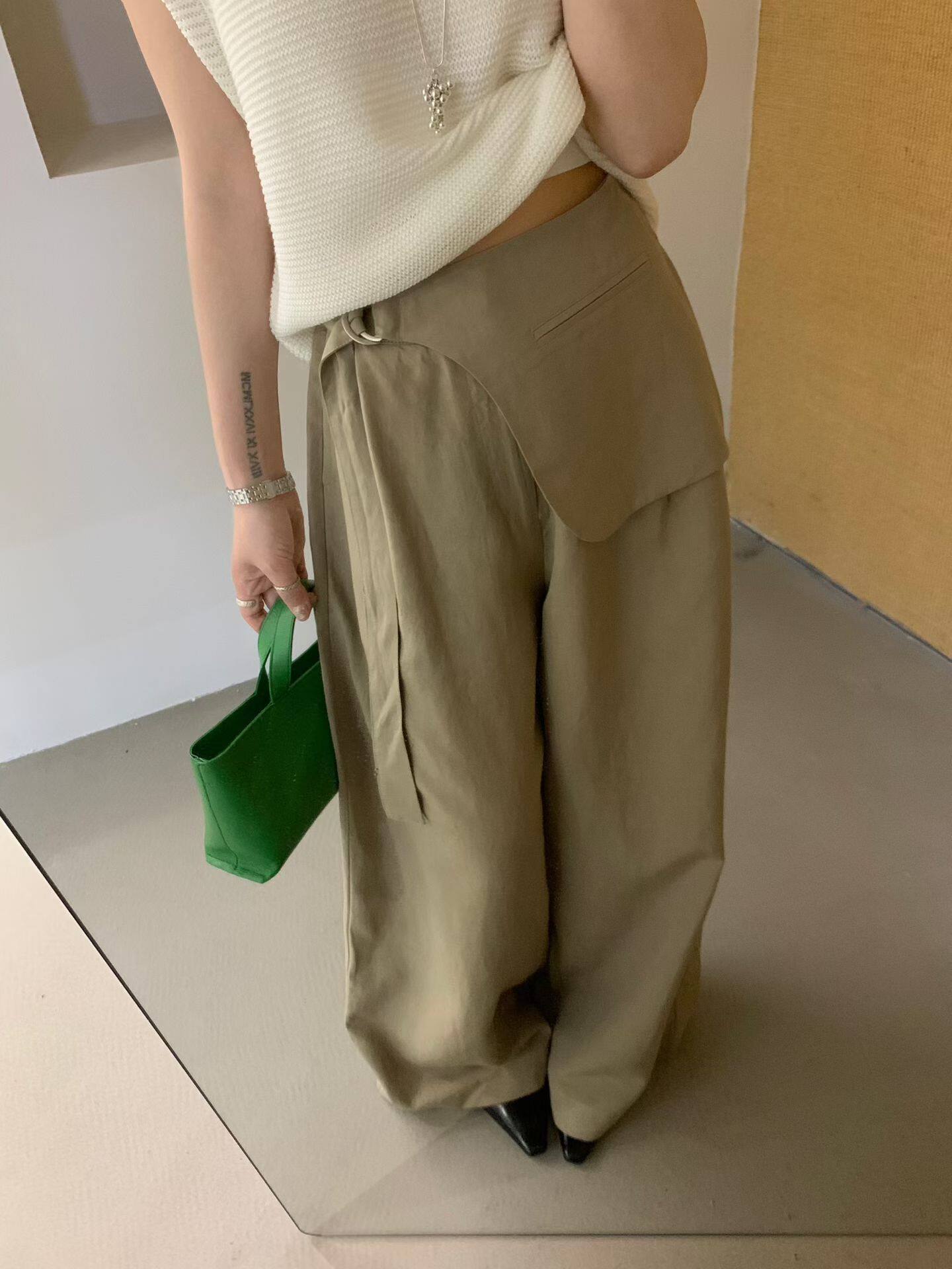 High kiss韩国26春装假两件腰封阔腿裤女宽松显瘦休闲裤屁帘裤