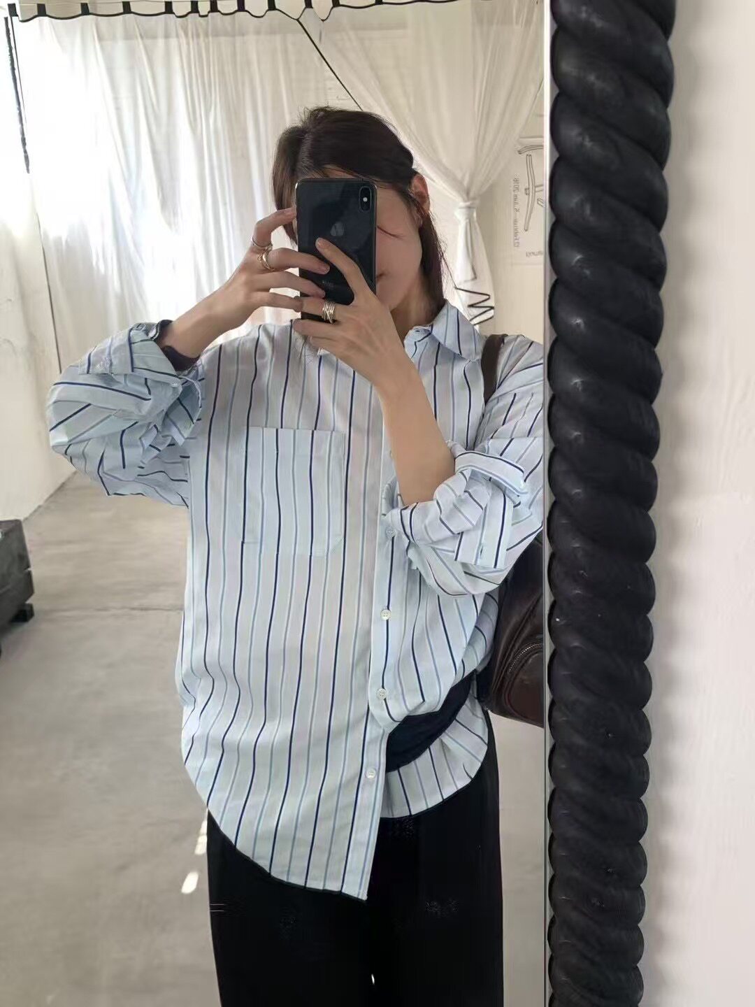 清新蓝 hygge韩国2026秋条纹衬衫女宽松休闲百搭卷袖长袖衬衣上衣
