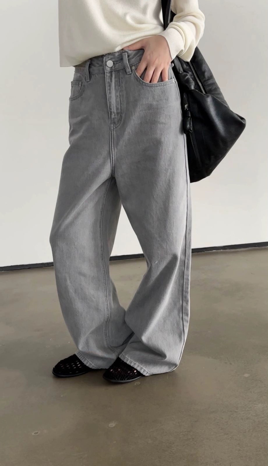 酵素环保水洗日系极简风复古灰色调牛仔长裤牛仔休闲裤弯刀裤